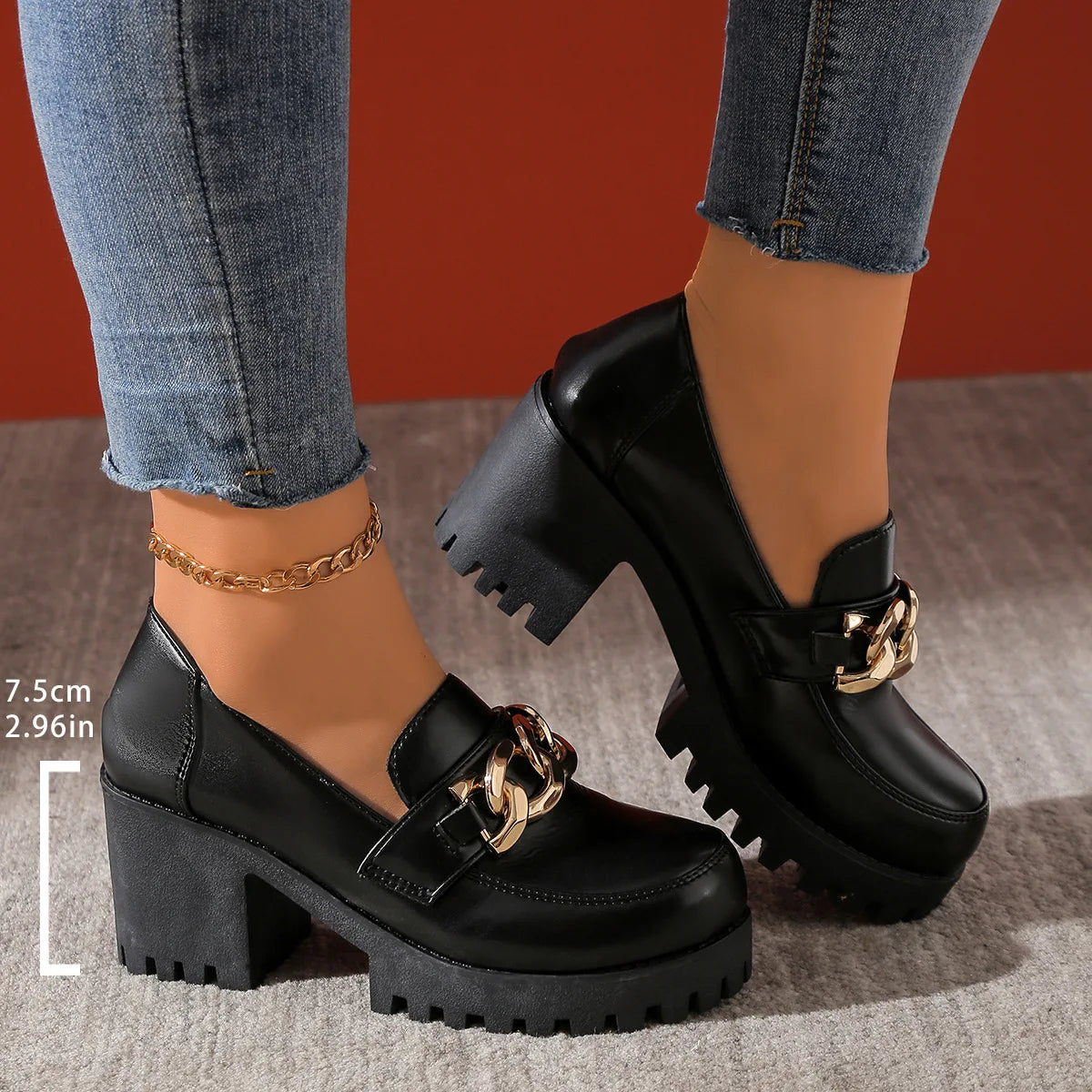Women's Large Size Thick Heel Slip-On round Toe Leather Shoes Spring Autumn New Style Korean Style PU Leather Mid Heel