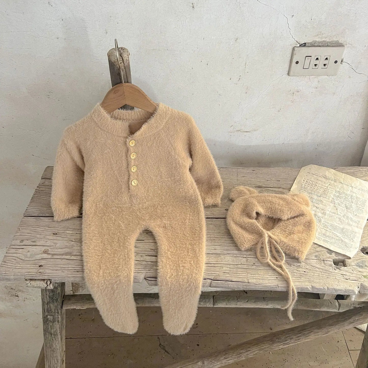 Baby Outfit Newborn Photography Props Mohair Knitted Bear Rompers Footed Jumpsuit Hat 2pcs/Sets Photography Clothing Accessories