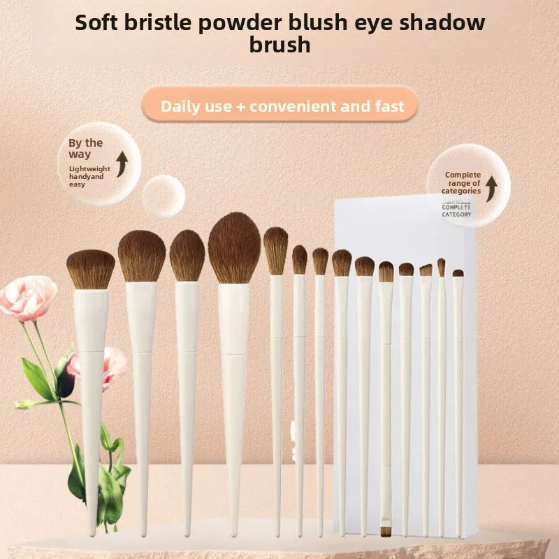 14Pcs Makeup Brush Set White Wooden Handle Synthetic Foundation Brush Powder Contour Eyeshadow Liner Blending Highlight