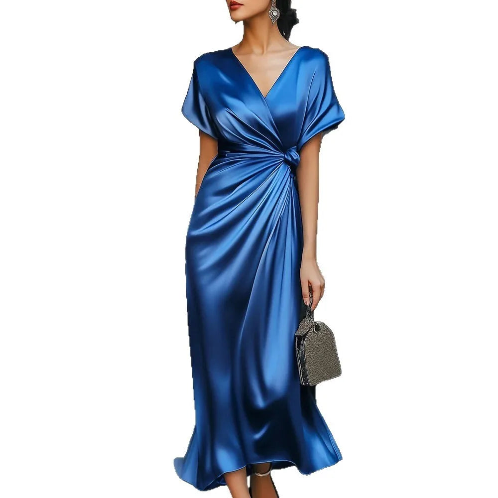 Fashion V Neck Short Sleeved Solid Color Dress Satin Women's Dress Elegant Form Fitting High-waisted Pleated Female Office Dress