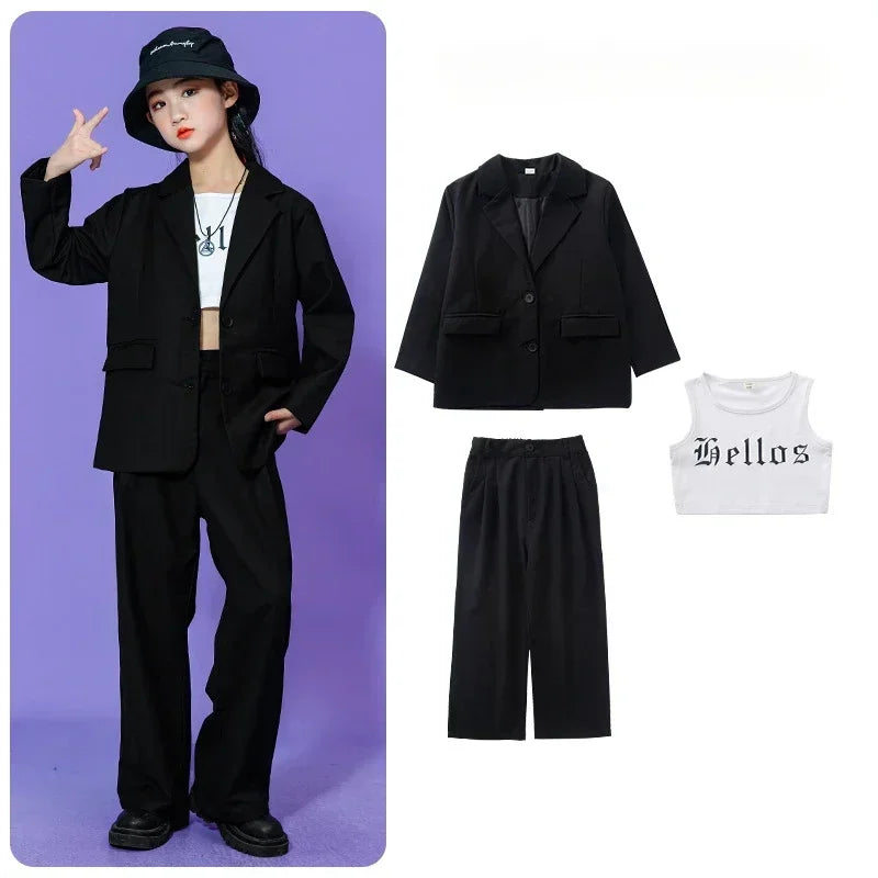 Kids Hip Hop Dance Costume Boys Girls Blazer Pants Set Streetwear Outfit for Stage Performance Competition Jazz Dance Photoshoot