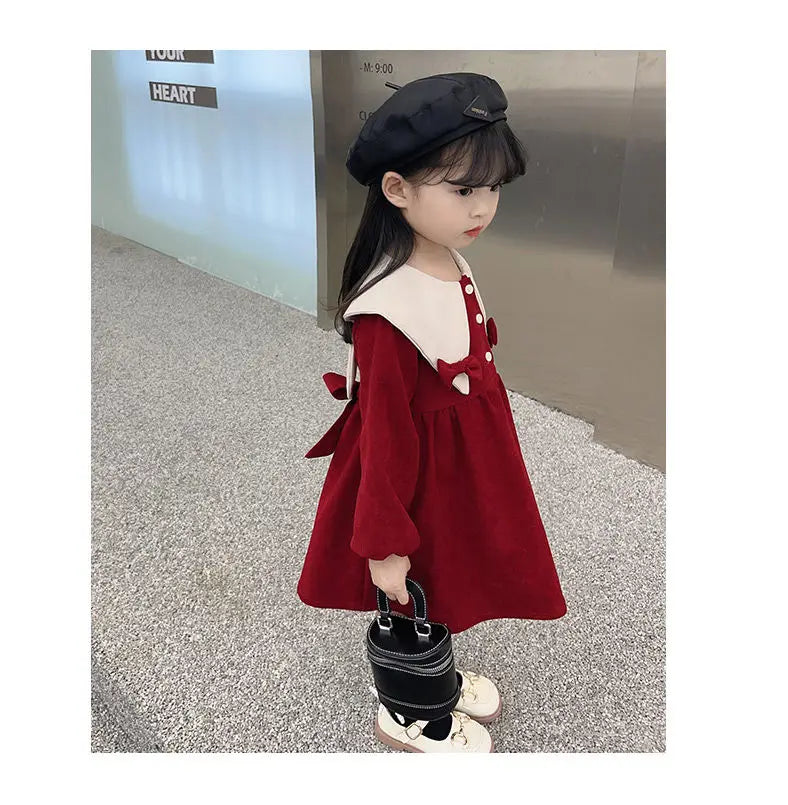 Spring and Autumn Girls' Baby Dress New Children's Fashionable Doll Neck Long Sleeve Dress Red Girls' Princess Dress
