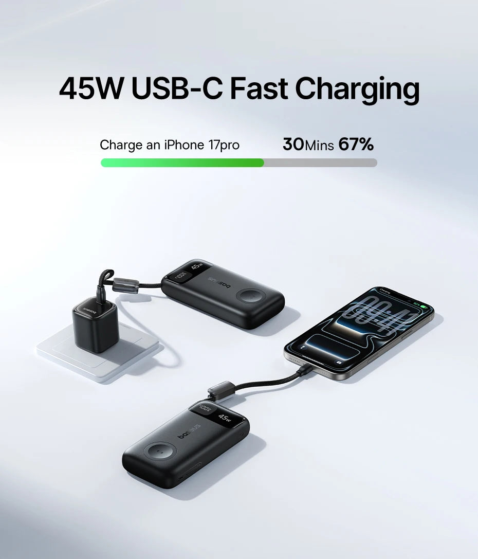Baseus 45W 10000mAh Power Bank with 5W Magnetic Wireless Charging for iWatch & AirPods External Battery For iPhone 17 16 Pro Max