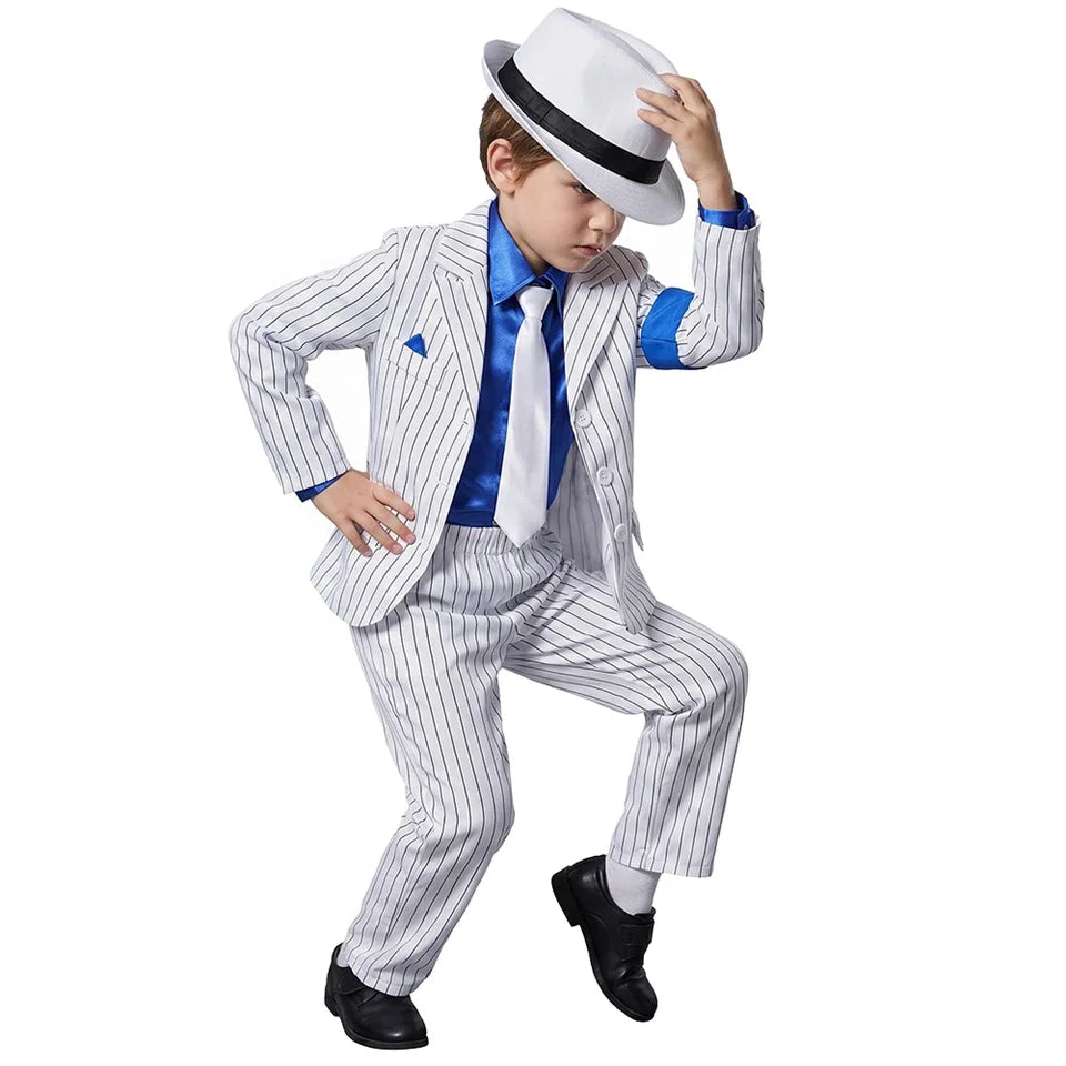 Halloween Carnival Boys Jackson Costume Dancer Singer Moonwalk Stage Outfits 80s Pop Rock Superstar Dress Up White Striped Suit