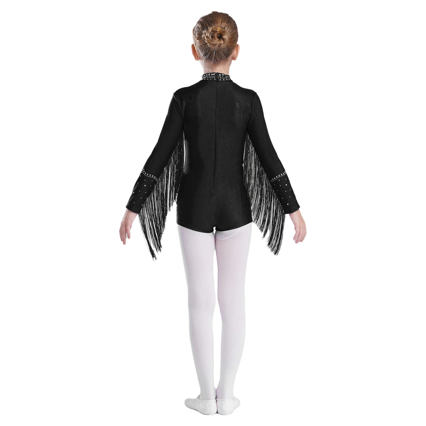 Girls Leotards Jumpsuit for Jazz Latin Skating Competition Costume Tassels Long Sleeve Rhinestones Bodysuit Modern Dancewear