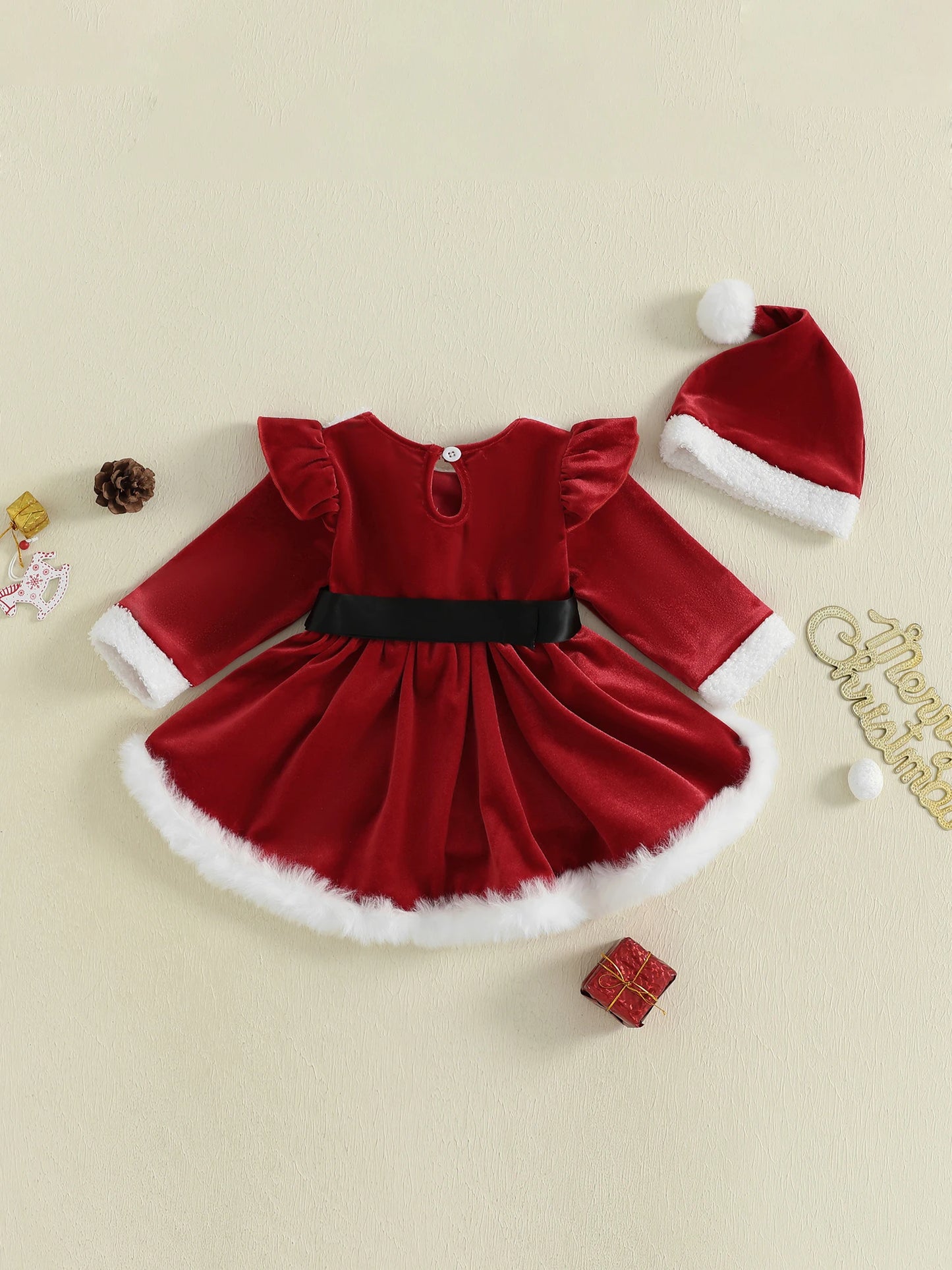 Citgeett Winter Christmas Infant Baby Girls Bodysuit Dress Plush Patchwork Long Sleeve Jumpsuits Cute Santa Hat Set Outfits