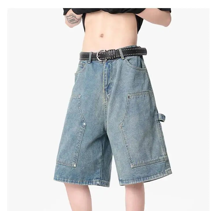 IEFB Workwear Men's Denim Shorts Multi Pocket Wide Leg Baggy Fit Casual Summer Streetwear Casual Cargo Jeans 9X2957