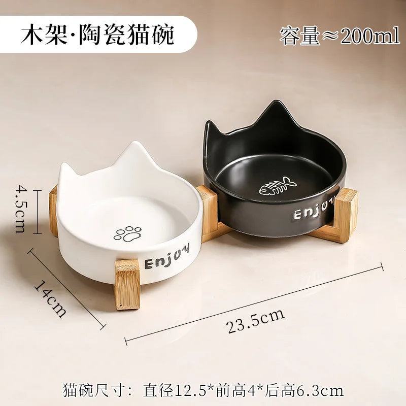 Ceramic Double Bowl Pet Cat Bowl Anti-Slip Heightened Bamboo Table Feeding Bowl Pet Supplies Water Feeders Small Dogs Supplies