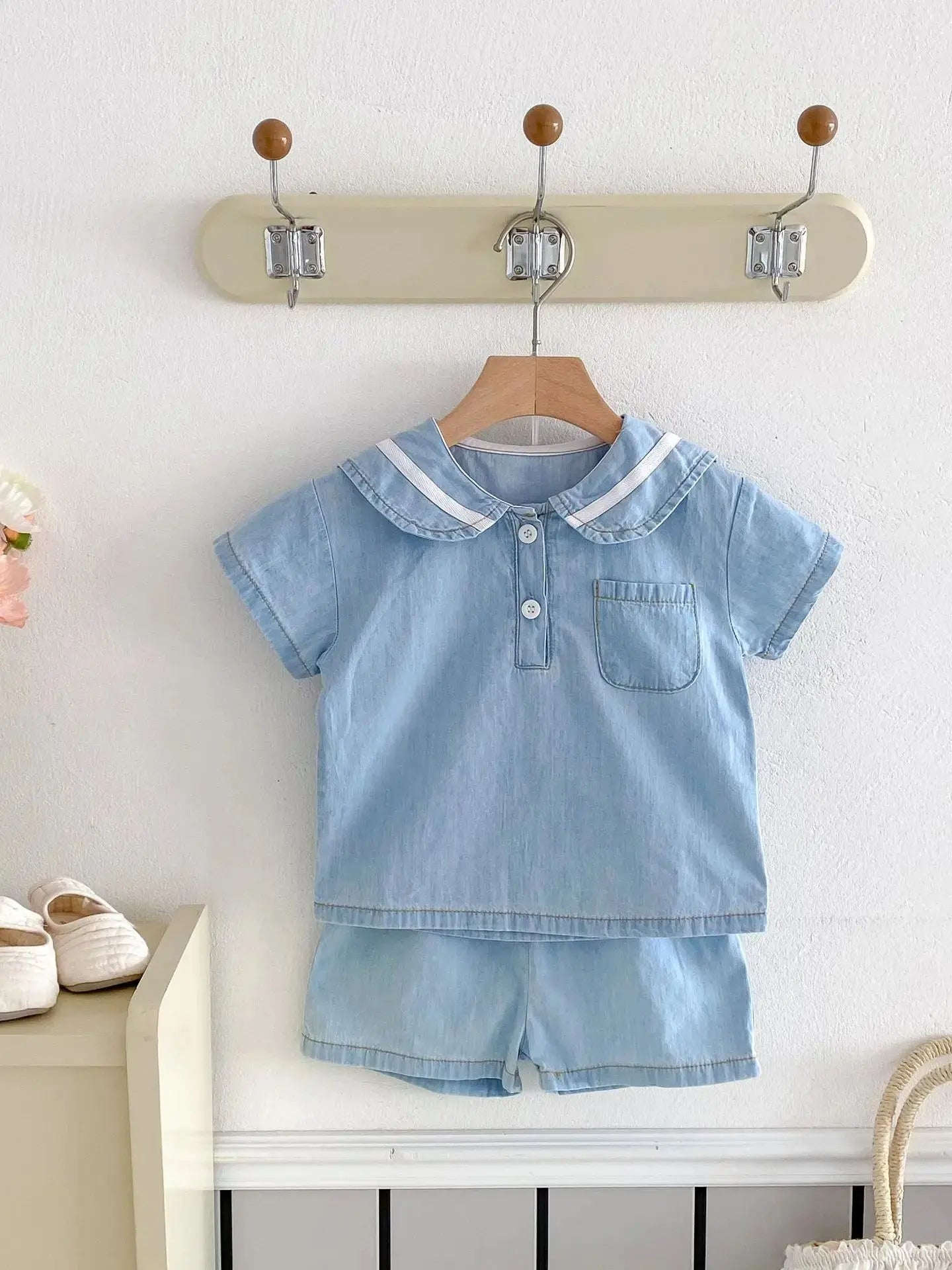 2025 Summer New  Korean Style Baby Short Sleeve Denim Set Sailor Collar Sleeve T-shirts Top Tees+Kid Shorts  two-piece set  0-4T