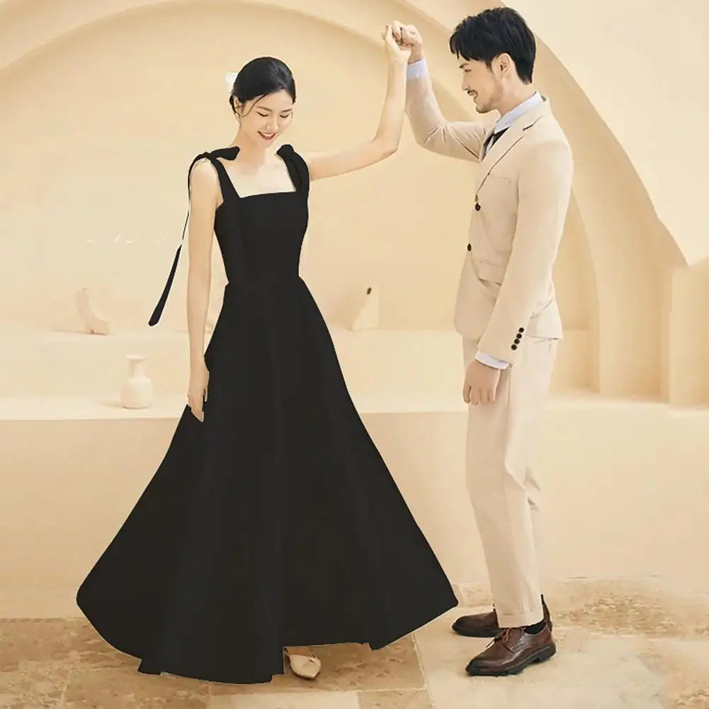 Square Neck Dress Elegant Satin Lace-up Wedding Dress with Bow Detail Square Neckline A-line Silhouette for Filming for Women