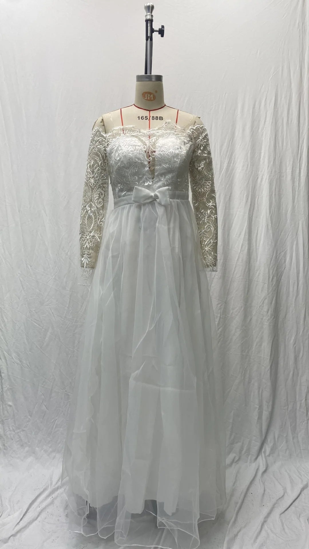 Fashionable Slim Fit V-Neck Lace Trimmer Wedding Dress with Train Elegant Style Polyester Fabric High Waist Long A- Line Skirt