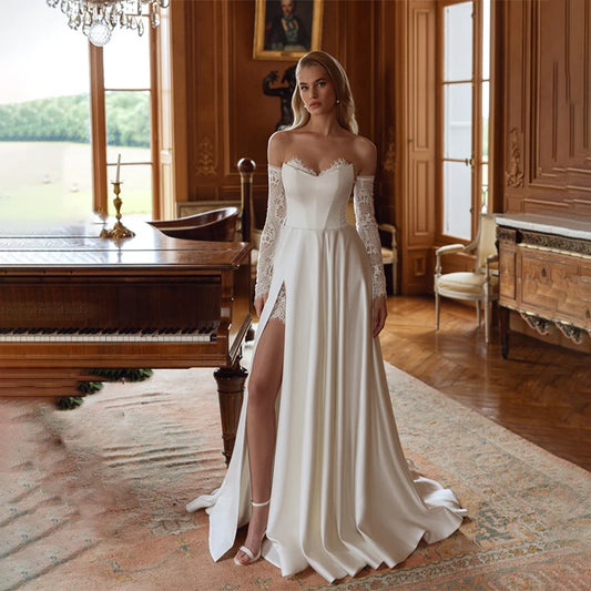 Customized Sweetheart Wedding Dress With Lace 3/4 Sleeve Bride Gown Front Split Evening Dresses vestidos de novia