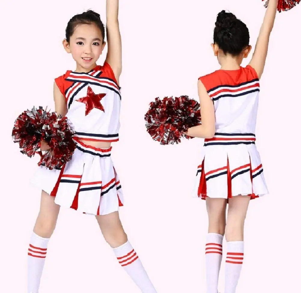LOlanta 4Pcs Girls' Cheerleading Costumes with Socks Kids School Performance Cheerleader Outfit Halloween Fancy Dress Up 4-14Y