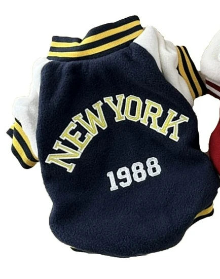 Warm Fleece Dog Baseball Jacket New York 1988 Winter Pet Coat for Small Dogs Poodle Chihuahua Yorkie Fashion Puppy Sweatshir