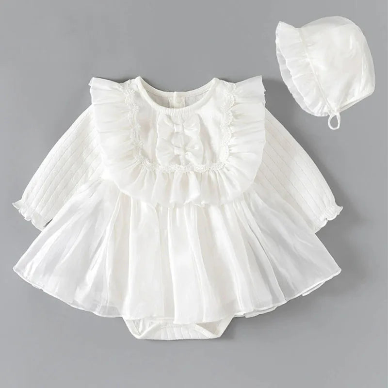 Spring Autumn Newborn Girls Clothes Korean Cute Bow Mesh Cotton Long Sleeve Princess Bodysuits+Hat Baby Boutique Clothing B038