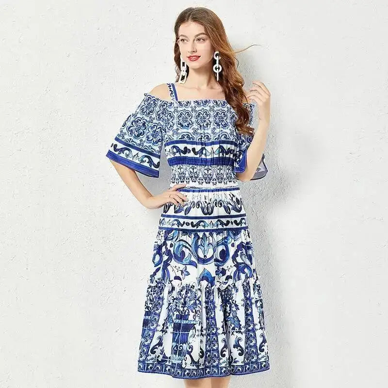 JAMERARY Summer Runway Blue White Porcelain Print Midi Dress Women's Straps Flare Sleeve Elastic Waist Cotton Floral Vestidos