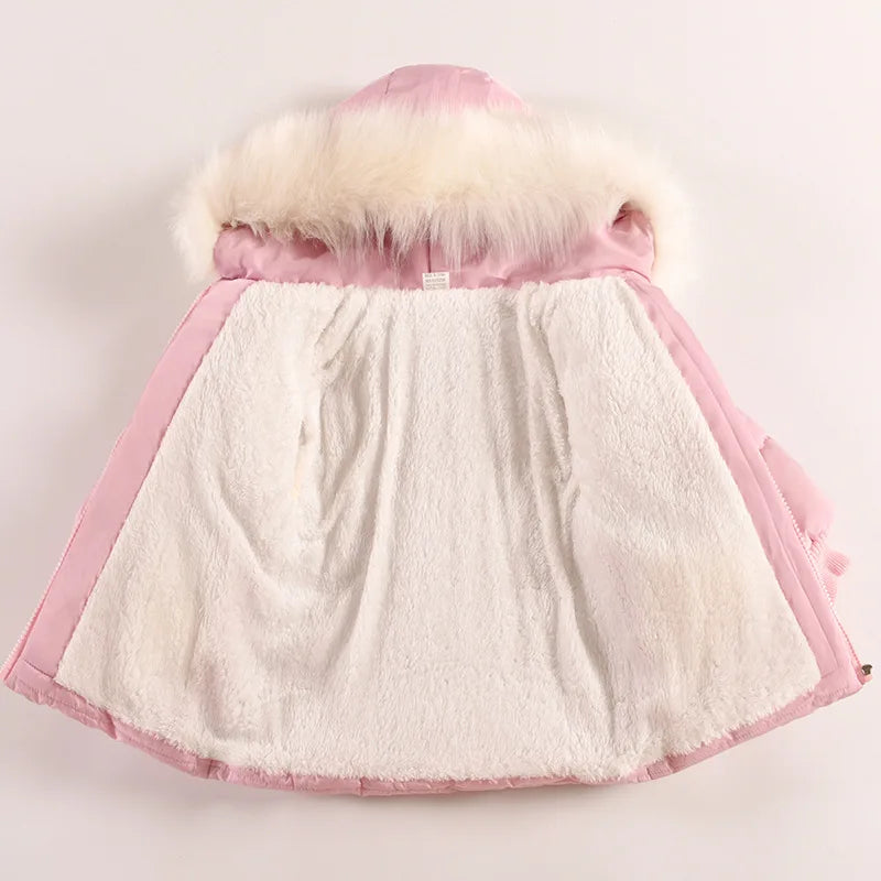 1-5 Years Flowers Autumn Winter Girls Jacket Fur Collar Keep Warm Little Princess Coat Hooded Zipper Baby Outerwear Kids Clothes