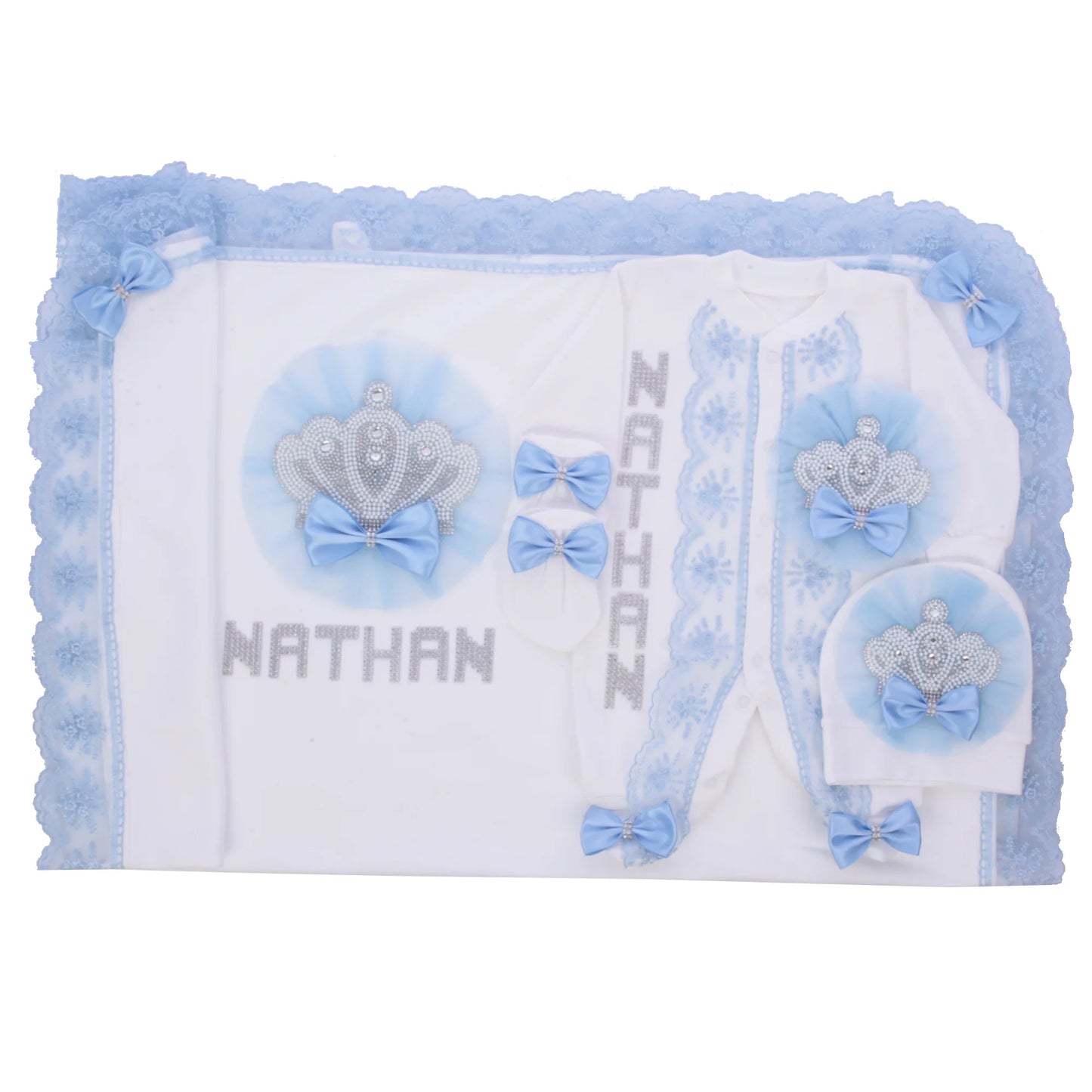 5pcs Newborn Baby Embroidery Lace Romper Outfit Clothing Cotton Infant Wrapped Baby Products Pants Mittens Receiving Blanket