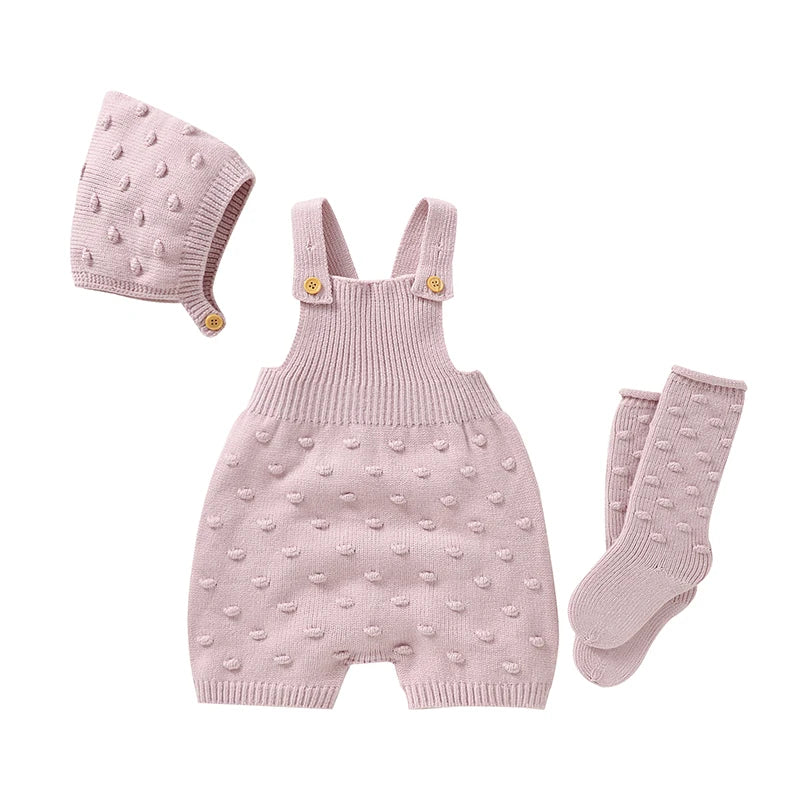 3pcs/Set Baby Clothes Solid Dots Crocheted Newborn Infant Girls Sleeveless Knitted Rompers Hats Socks Outfits 0-18m Infant Suits