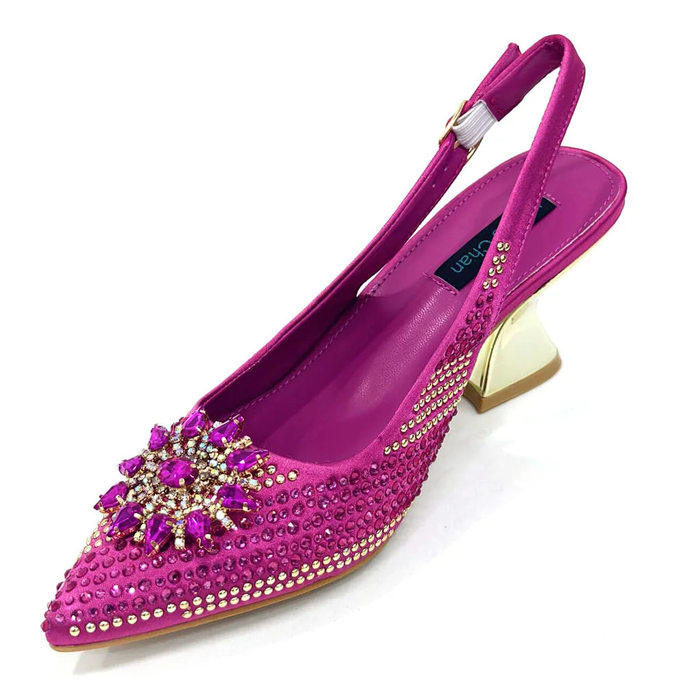 2024 New Designer Specials Italian Women Heels Shoes and Bag Set Royal Purple Color Comfortable With Rhinestone for Party