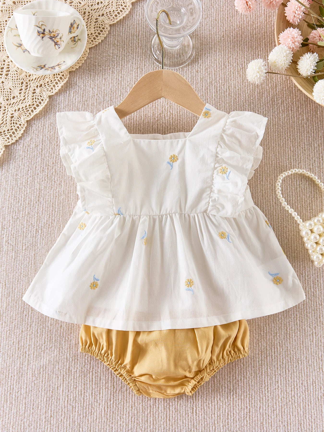 A sweet embroidered summer baby girl set with flying sleeves and shorts