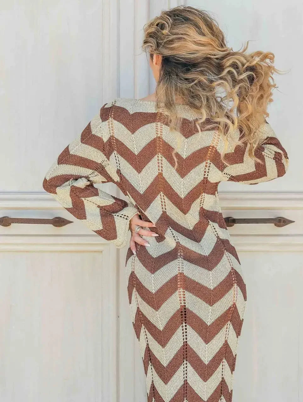 2025 Women's  Stripled Long Sleeve Slim Elegant Knitted Maxi Dress V Neck Autumn New Lace Up Hollow Sexy Beach Cover Up Dress