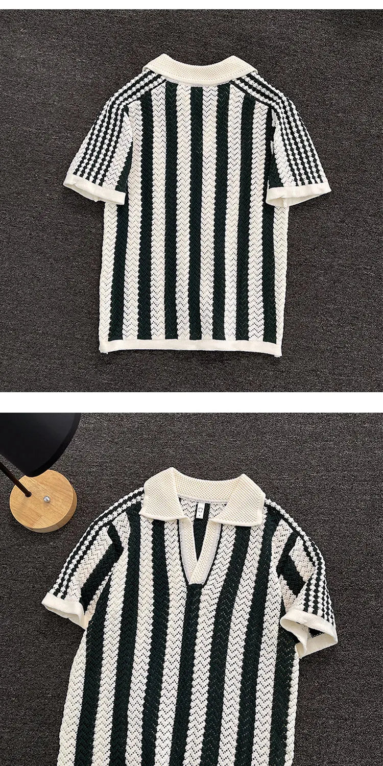 Men's Short Sleeve  Shirt Knitted Hollow out V-Neck Summer Breathable Stripe Pattern Versatile Casual T-Shirt