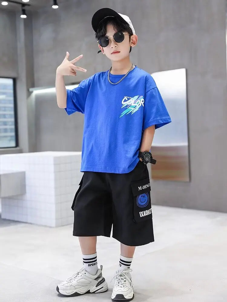 Summer 100% Cotton Boys Blue T-shirt Cool Graffiti Printed Girls Tees Short Sleeve Children Tops High Quality Kids Clothes 2024