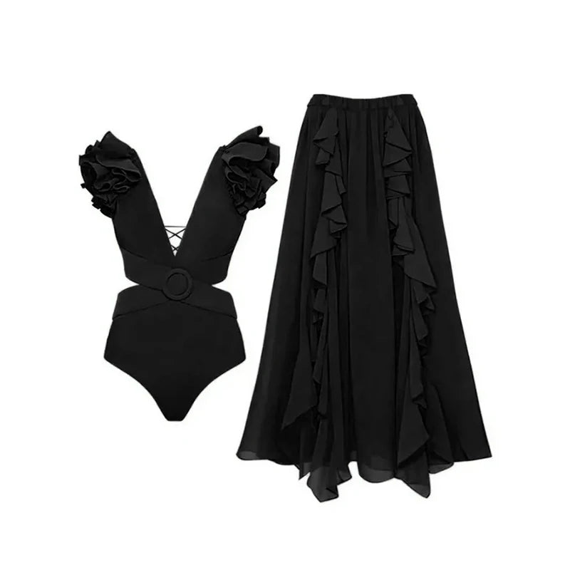2024 Sexy Sling Ruffle Solid Two Pieces Bikini Women High Waist 3D Flower Swimsuit Skirt Summer Backless Beachwear Bathing Suit