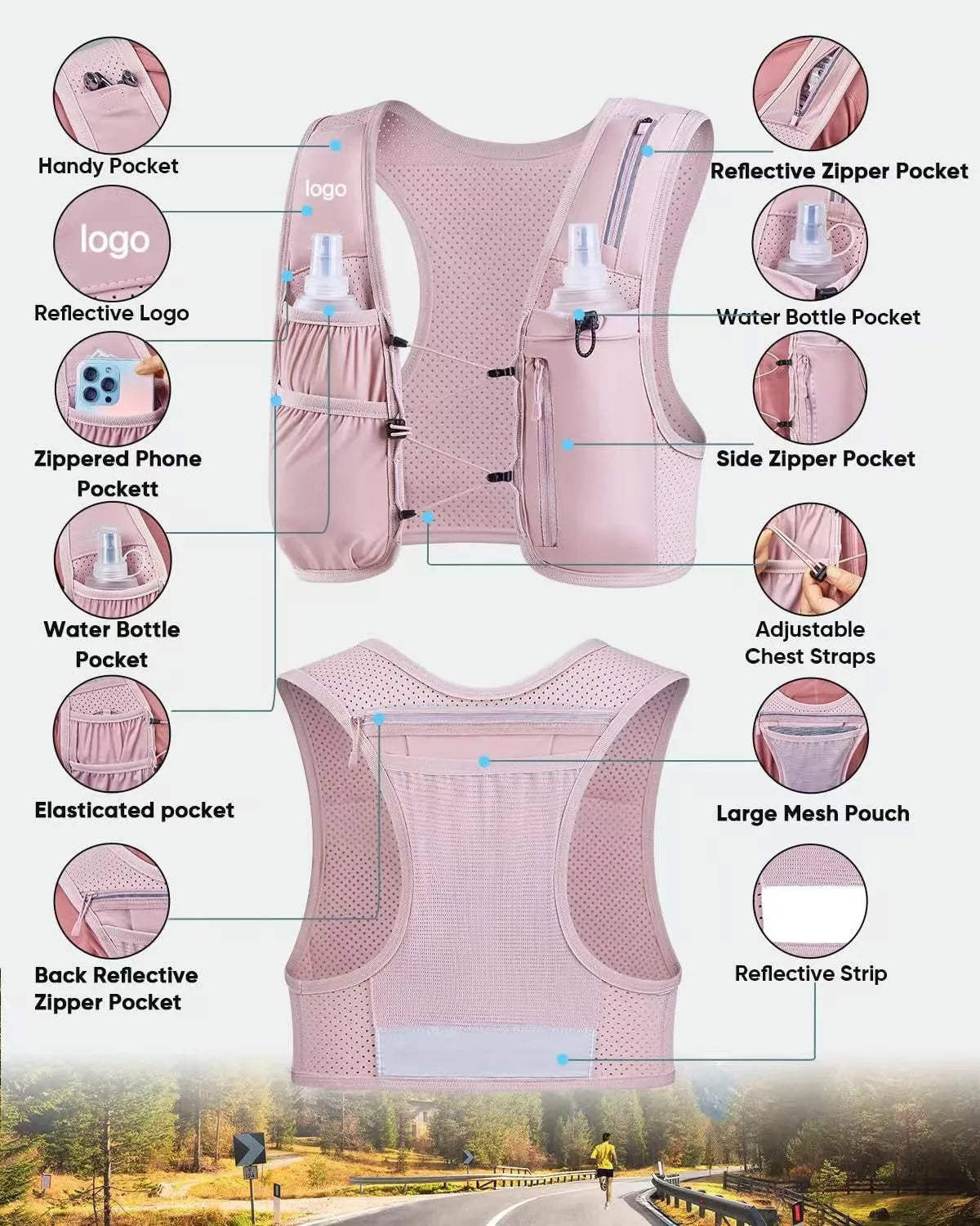 Women's Men's Running Vest Adjustable Chest Strap Running Hydrating Vest Lightweight Reflective Hydrating Backpack