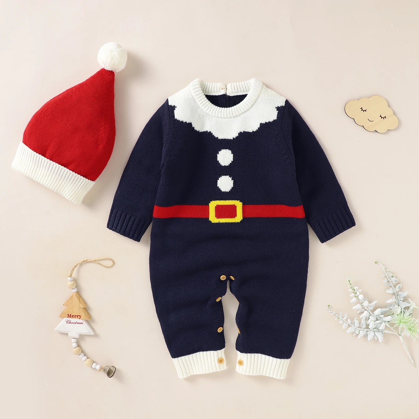 Infant Christmas Outfits Baby Romper Clothes Winter Red Santa Claus Knitted Newborn Infant Boy Girl Christmas Gift Jumpsuits+Hat