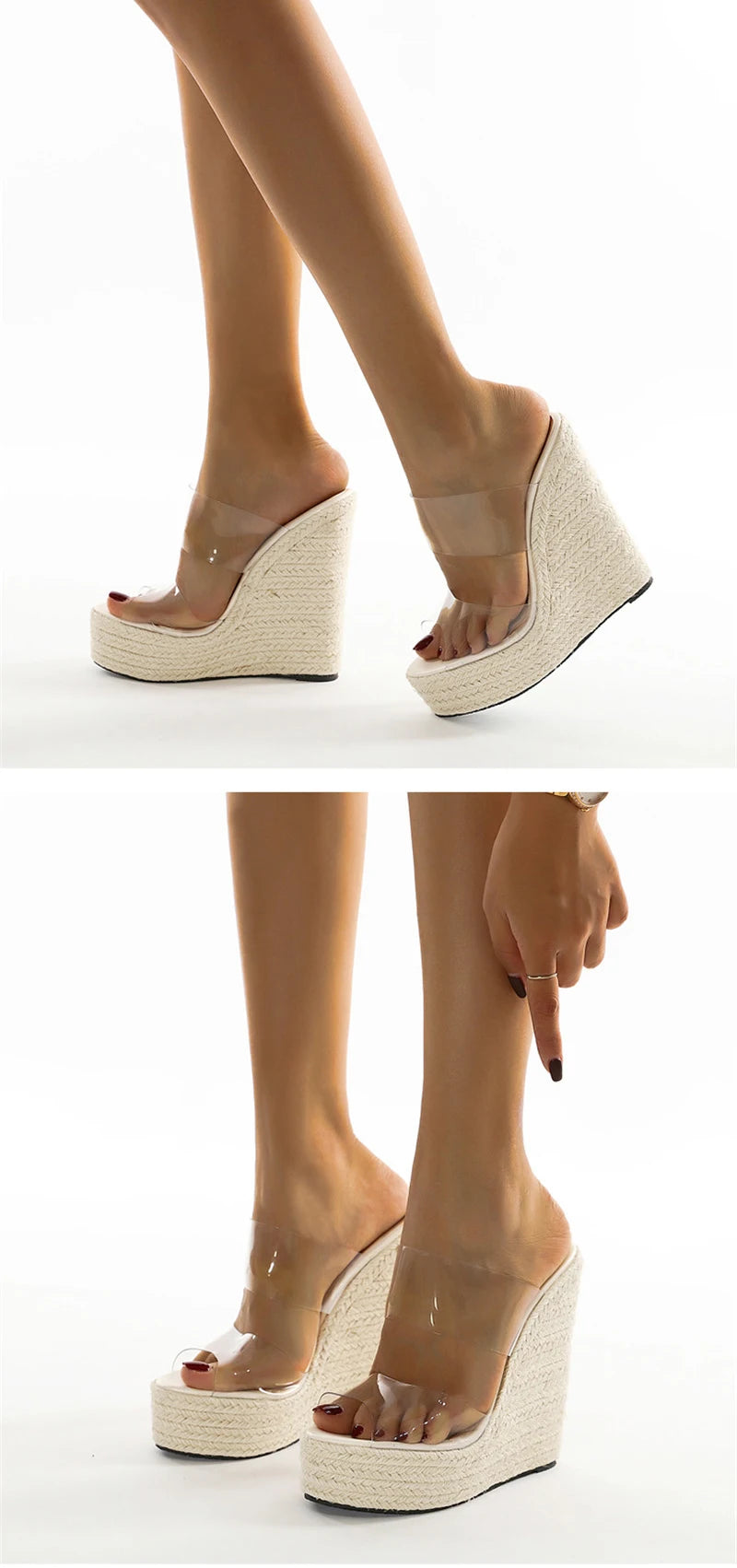 Summer PVC Transparent Peep Toe Cane Straw Weave Slippers Platform Wedges Sandals Women Fashion High Heels Female Shoes