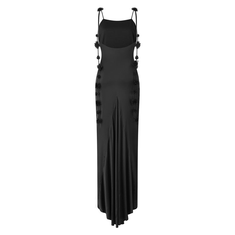 hirigin Women Long Bodycon Dress Solid Color Flower Tassel Sleeveless Sling Cocktail Dress Summer Party Club Backless Long Dress