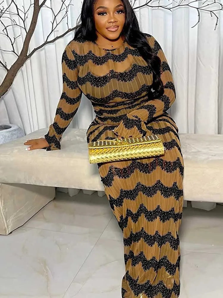 Long Sleeve Maxi Dress Chic for Women High Waist Evening Dress with Drape Sexy Brown Bandage Dress Wholesale Dropshipping