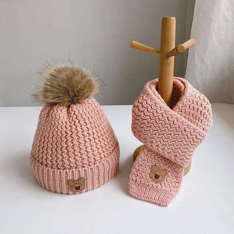 Children's Hat Scarf Set Winter Warm Autumn Winter Plush Boys and Girls' Little Bear Thick Ear Protection Baby Hairline Hat