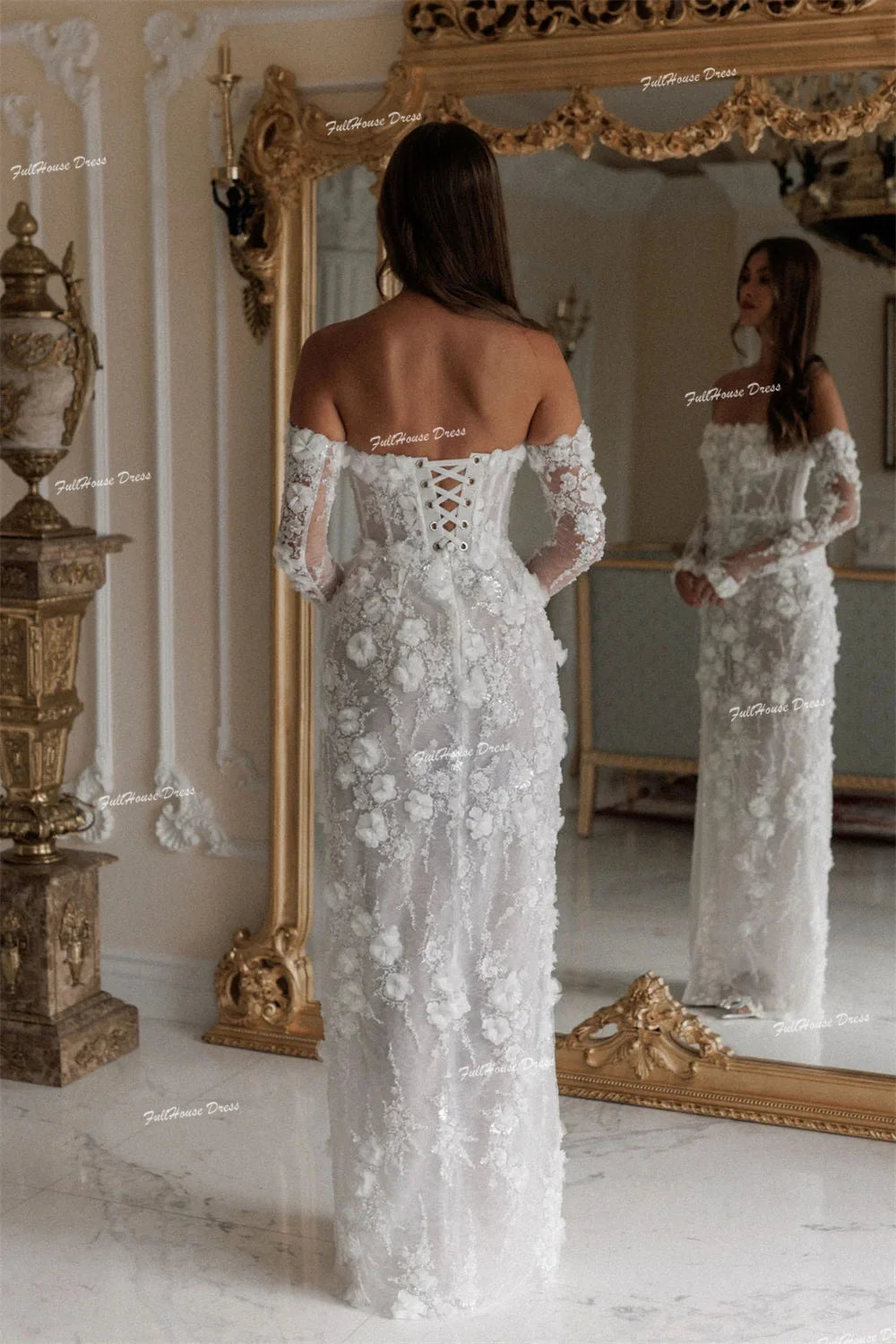 Customized Graceful 3/4 Sleeve Boat Collar 3D Floral Lace Wedding Dress Long Side Slit Lace up Back Bridal Dress for Party