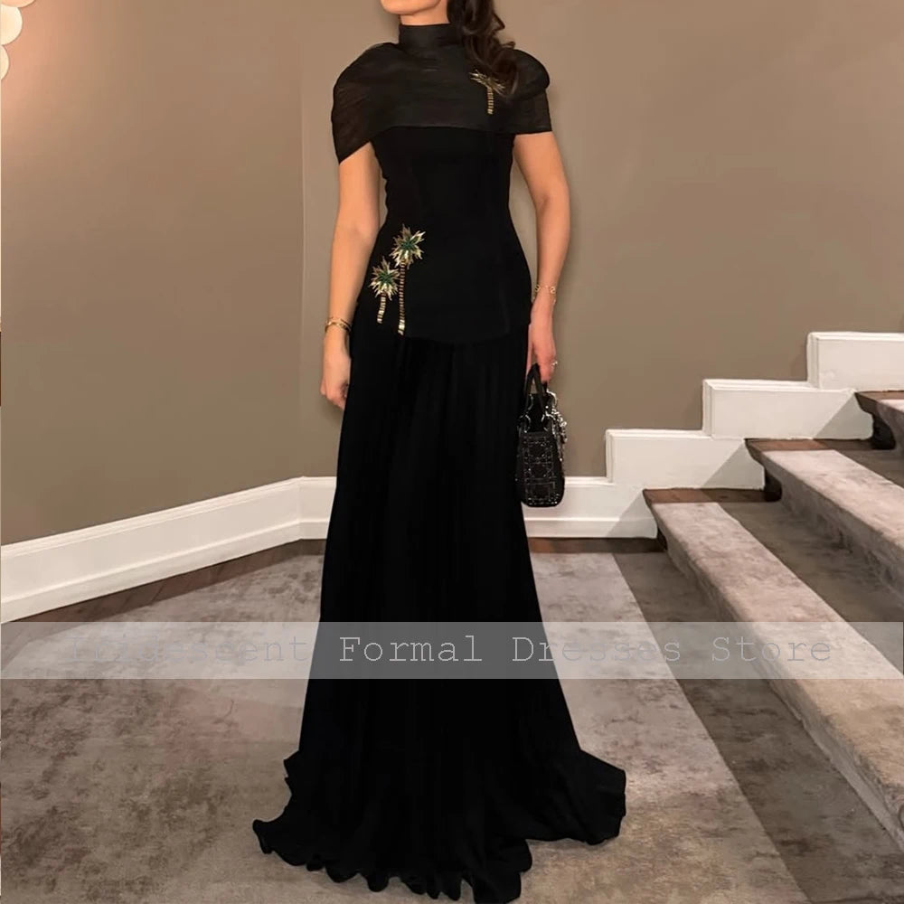 Customized Beaded Evening Dresses with Cap Sleeves A Line Luxury Party Dress for Women Modern Black Long Cocktail Gowns 2026