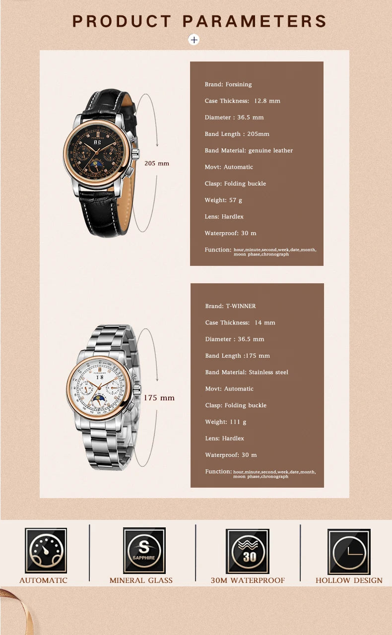 Forsining Fashion Ladies Stainless Steel Case Moon Phase Mechanical Watch Women's Multifunctional Diamond Dial Automatic Clock