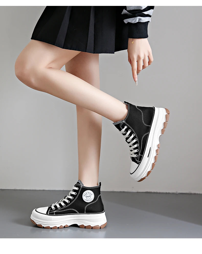 2026Women Canvas Shoes High Top Women's Vulcanize Shoes Lace-Up Casual Ladies Sneakers Plarform Non-slip Round Head Female Shoes