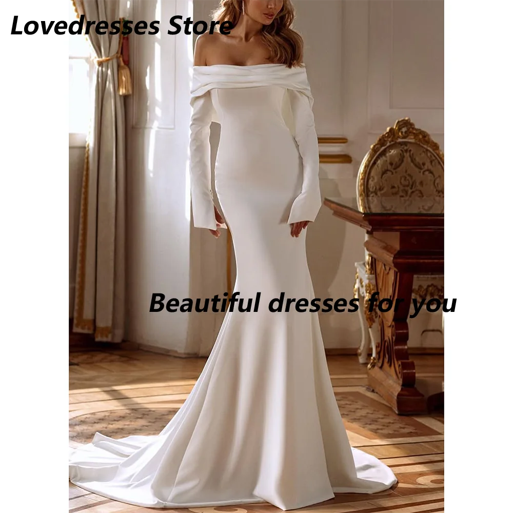 Modest Trumpet Wedding Dress Customized Off-The-Shoulder Long Sleeves Mermaid Simple Bridal Gown Sweep Train Bride Dresses