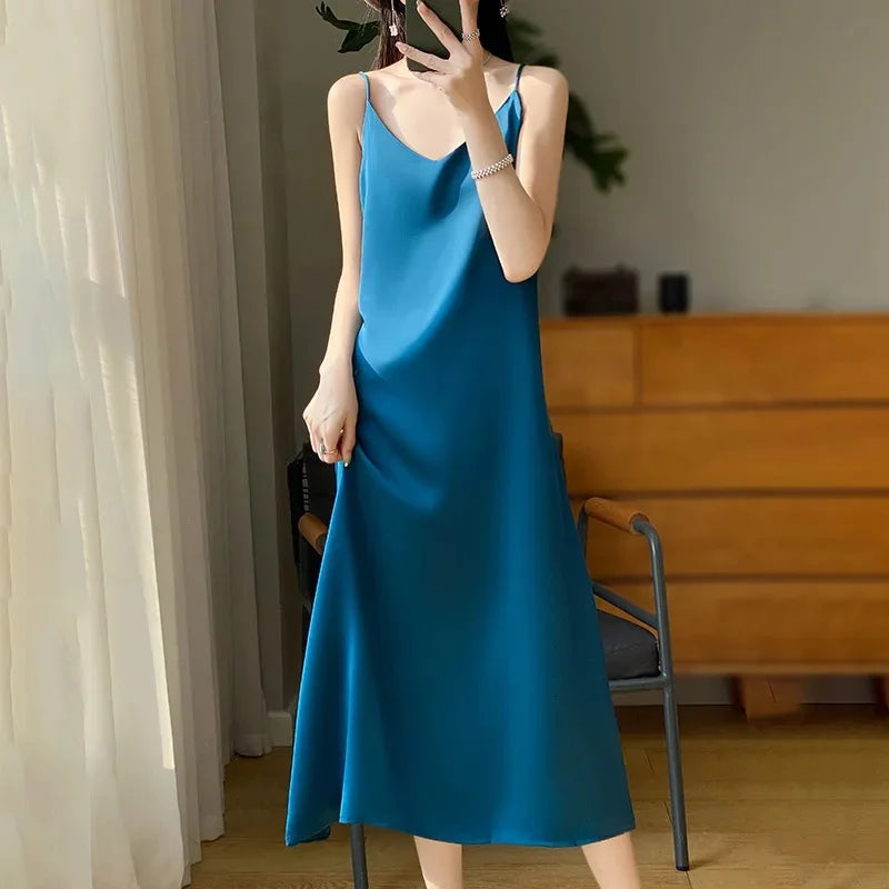 Silk V-neck Slim-fit Satin Dress Sexy Strap Long Gown for Women New 2025 Spring Summer Inner Wear Dress Elegant Lady Dress