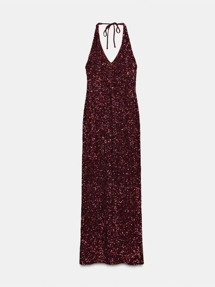 Sexy Lady Sequin Halter Maxi Dress Sleeveless O Neck Backless Party Long Robe 2026 Spring New Luxury Evening Dresses