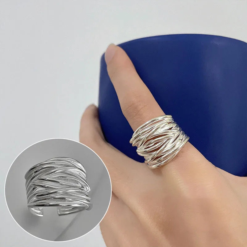 VENTFILLE 925 Sterling Silver Geometric Line Cross Wrap Open Ring For Women Gift Irregular Punk Adjustable Jewelry Dropshipping