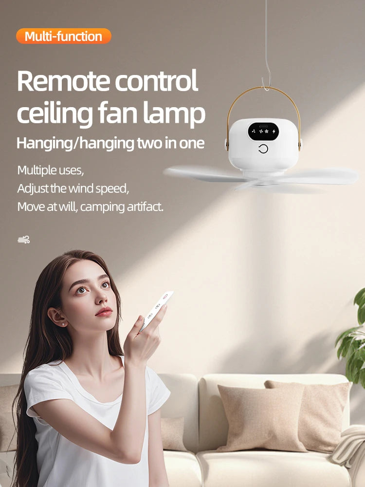 Portable Mini Ceiling Fans Outdoor Camping Fan Tent Ventilator Cooler Rechargeable Electric Fan Remote Control LED Lighting