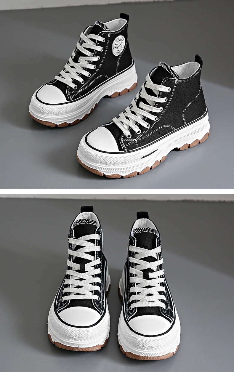 2026Women Canvas Shoes High Top Women's Vulcanize Shoes Lace-Up Casual Ladies Sneakers Plarform Non-slip Round Head Female Shoes