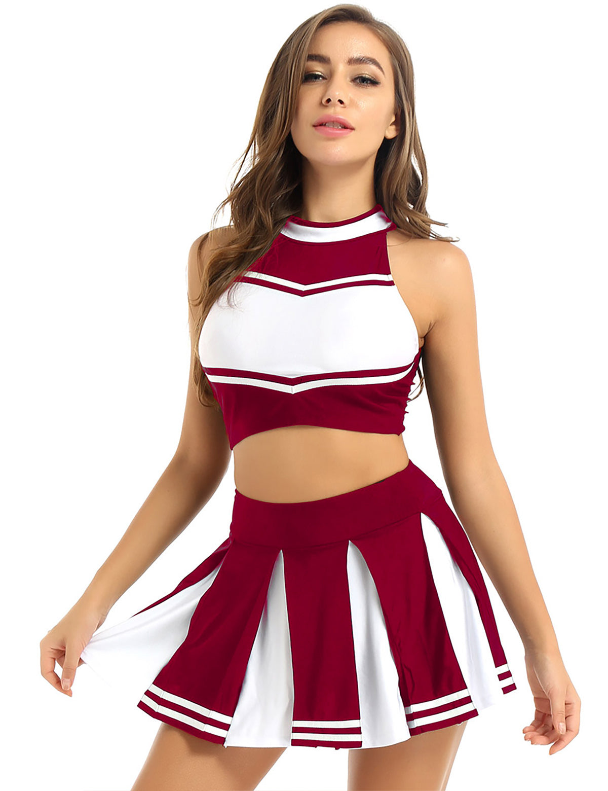 Women Cheerleading Cheerleader Costume Uniform School Girls Carnival Cosplay Outfits Stand Collar Crop Top with Mini Skirt