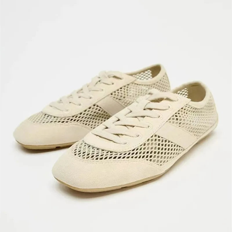 Mesh Breathable Lacing Flat Sneakers Women Lightweight Hollow Derby Sports Shoes Summer Autumn Running Shoes Cozy Ballet Flats