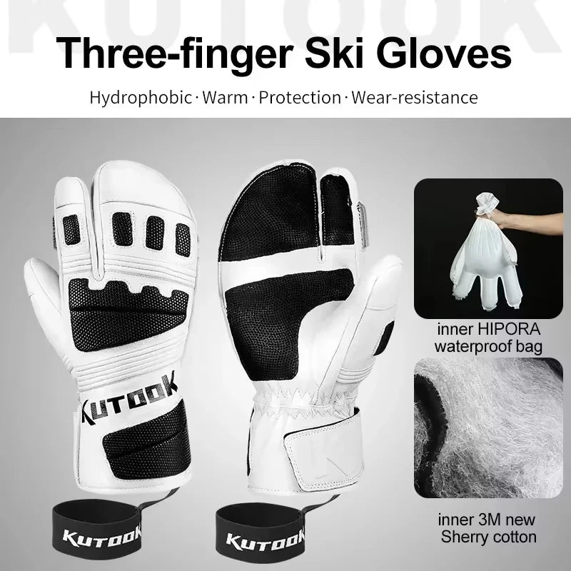 KUTOOK Goatskin Leather Ski Gloves Mittens Waterproof Thicken Winter Snow Snowboard Gloves Thermal Warm Skiing Gloves for Men