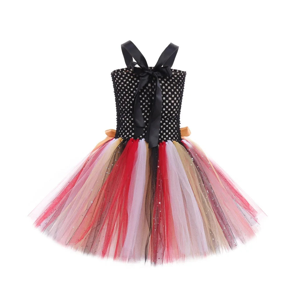 2-12Yrs Children Cosplay Villain Costume Tutu With Hat Girls Halloween Party Outfit Black Red Off Shoulder Princess Pirate Dress