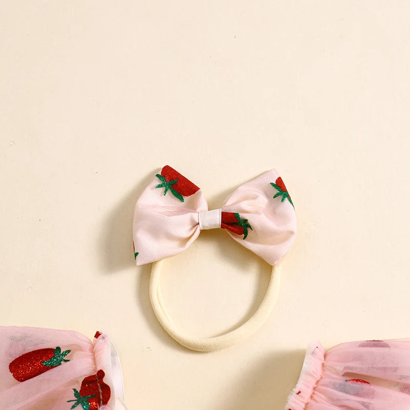 Baby Girl Summer Outfit, Strawberry Embroidery Fly Sleeve Romper Dress Bow Headband Toddler 2 Piece Set